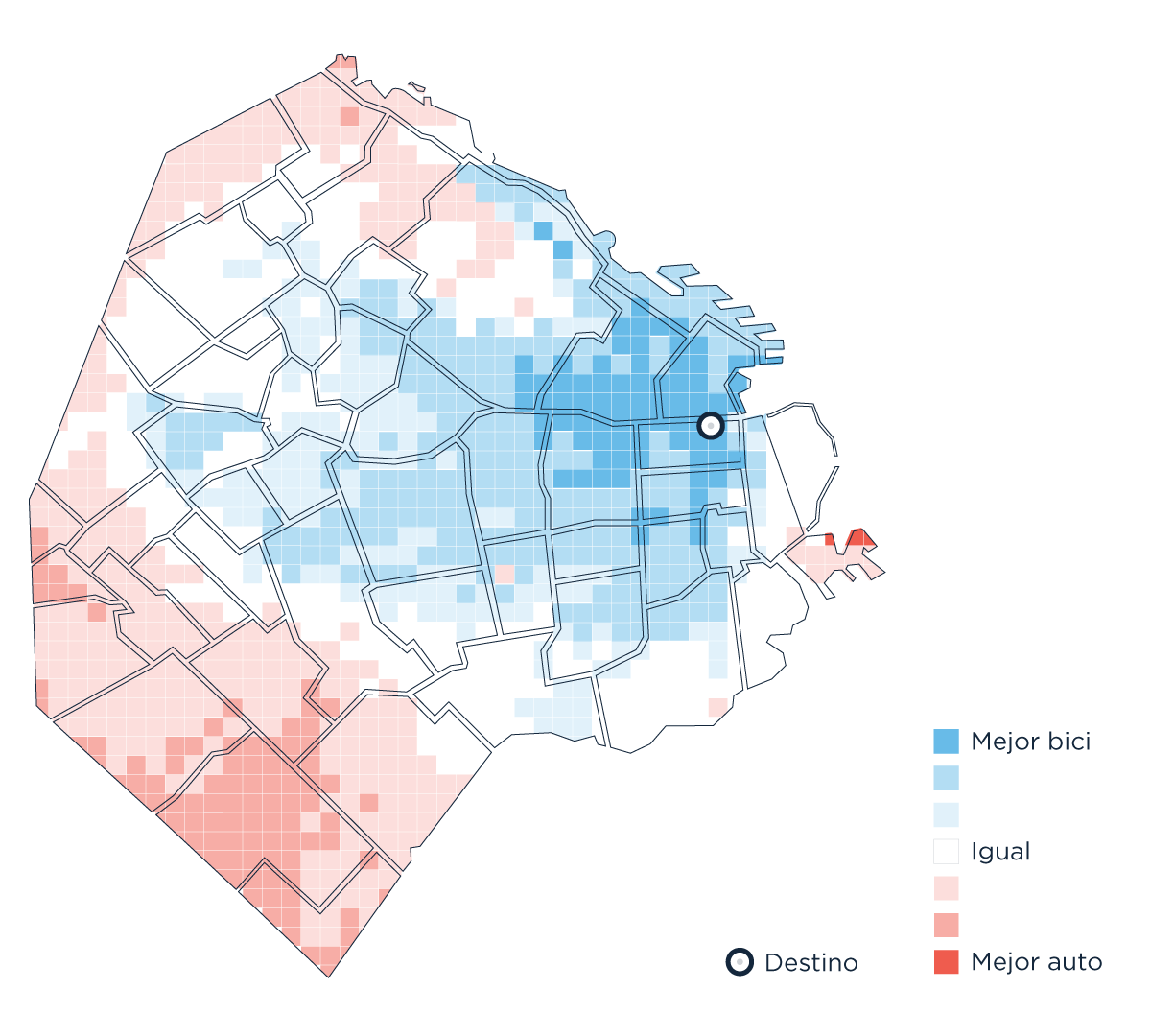 El mapa muestra una a la ciudad de Buenos Aires dividida en áreas de color que indican la conveniencia de usar bicicleta o auto para llegar a un destino marcado en el microcentro porteño. Las áreas en tonos de azul representan zonas donde es mejor ir en bicicleta, mientras que las zonas en tonos de rojo indican que es mejor usar el auto. Las zonas en blanco señalan áreas donde no hay diferencia significativa entre ambos medios de transporte. Este tipo de visualización sugiere qué medio de transporte es más eficiente según la ubicación en relación al destino central.