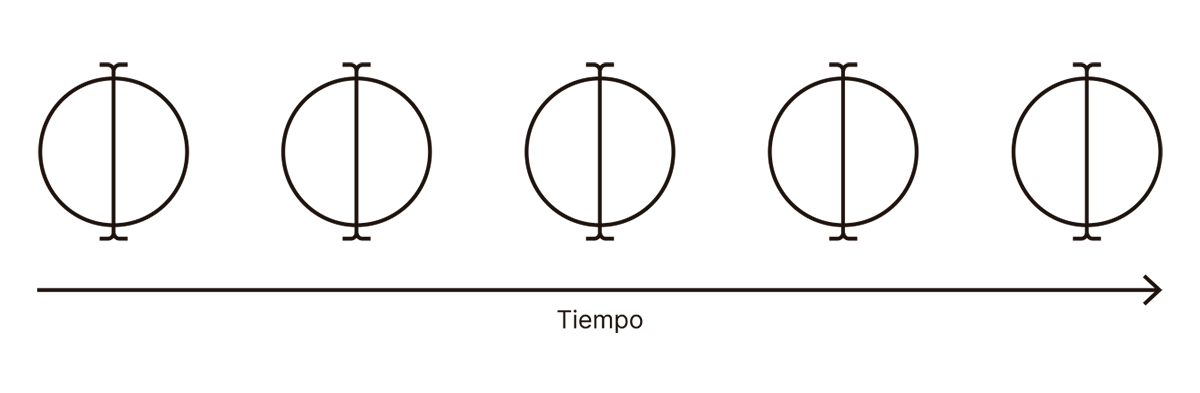 La imagen ilustra la rivalidad binocular en relación con las expectativas, mostrando una secuencia temporal en la que se observa una figura compuesta por un círculo y una línea vertical superpuesta. En el contexto de la rivalidad binocular, las expectativas del observador pueden influir en cómo se percibe cada imagen a lo largo del tiempo, alternando entre interpretaciones de la figura. La expectativa aquí es que el cerebro intente reconciliar las dos imágenes distintas en un todo coherente, aunque la percepción pueda oscilar debido a la rivalidad entre las imágenes presentadas a cada ojo.