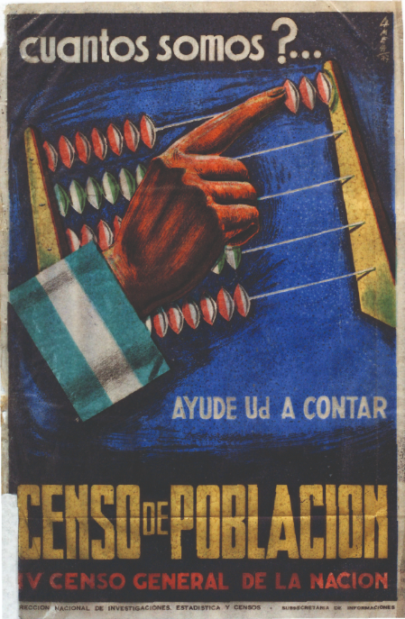 Afiche promocional del Censo de Población en Argentina con el texto 'Cuántos somos?... Ayude Ud a contar'. Muestra una mano apuntando a un ábaco, junto con los colores de la bandera argentina. El diseño es vintage y está destinado a fomentar la participación en el IV Censo General de la Nación.