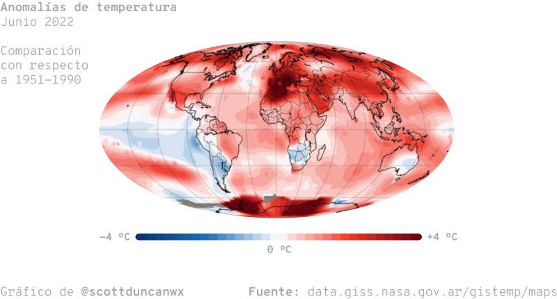 Mapa mundial que muestra anomalías de temperatura en junio de 2022, comparadas con el promedio de 1951-1990. Las áreas en rojo indican temperaturas más altas que el promedio, mientras que las áreas en azul indican temperaturas más bajas. La mayoría de las regiones, especialmente en el hemisferio norte, muestran anomalías positivas significativas, en contraste con algunas áreas del océano que presentan anomalías negativas. La escala de color va de -4°C a +4°C.
