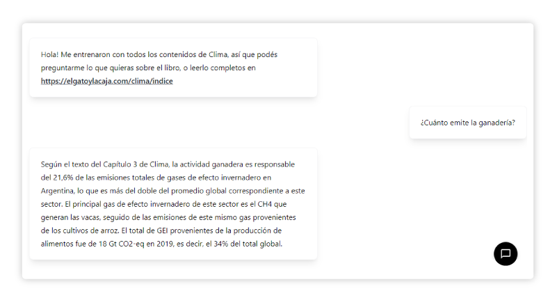 Captura de una conversación sobre el impacto de la ganadería en el cambio climático. Un mensaje informa que la ganadería es responsable del 21.6% de las emisiones de gases de efecto invernadero en Argentina, destacando el metano (CH4) generado por las vacas. Se menciona que el 34% de las emisiones globales provienen de la producción de alimentos.